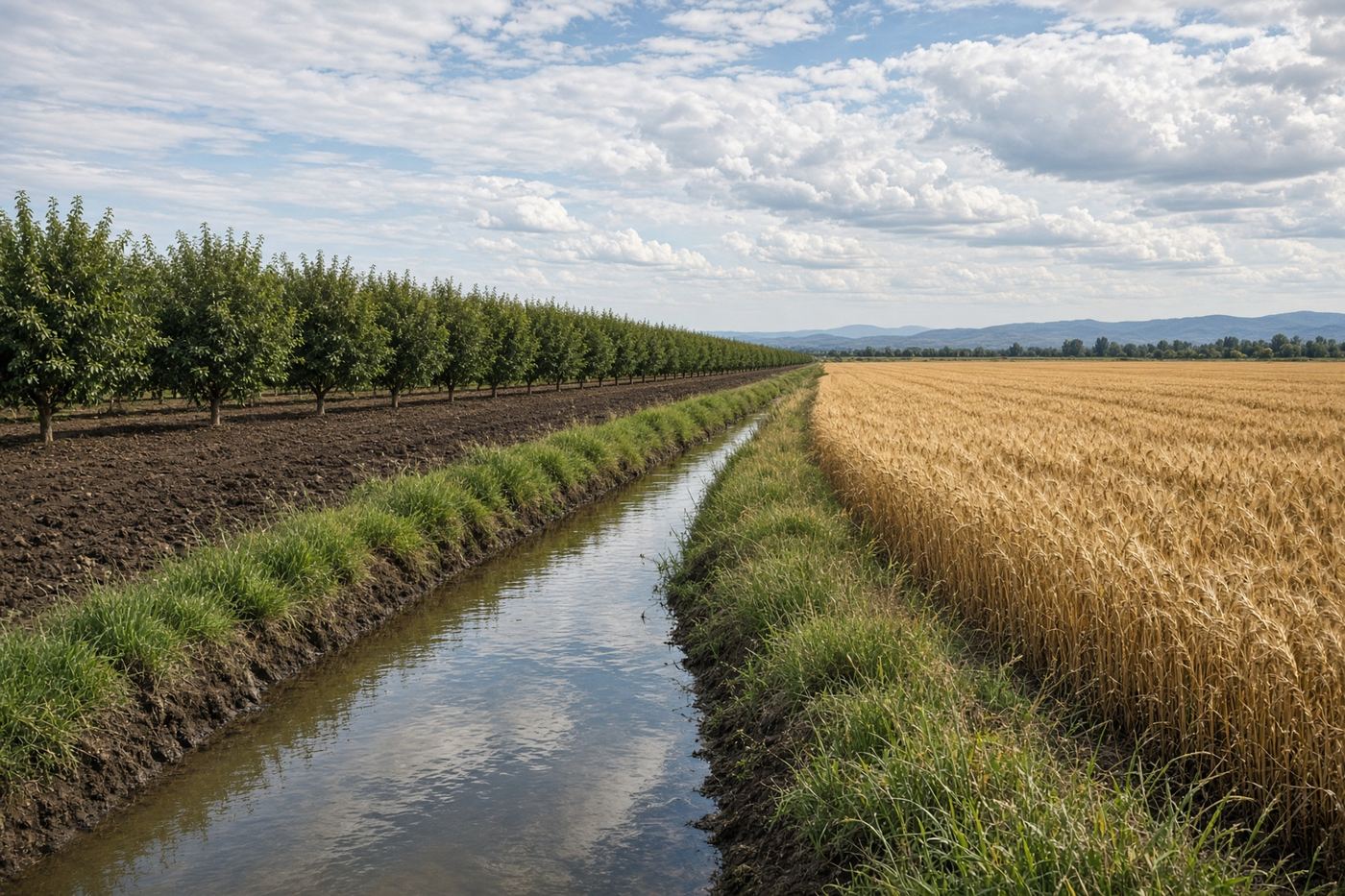 Huertos y sementeras junto a una acequia en el valle